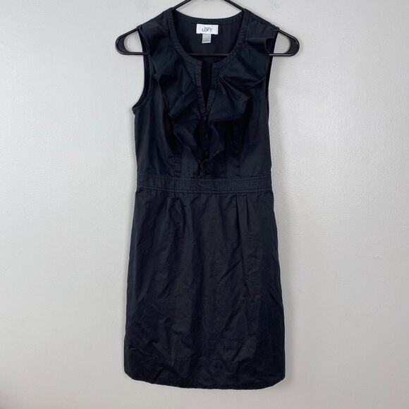 Loft Black Ruffle Neck Sheath Dress Cotton Faux Button Coquette Office Size 2‎ - Picture 1 of 8